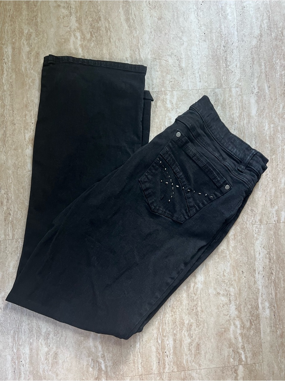 Tribal DeMINE Emma Black High Waist Straight-Leg Jeans Bead Back Pocket 32/14